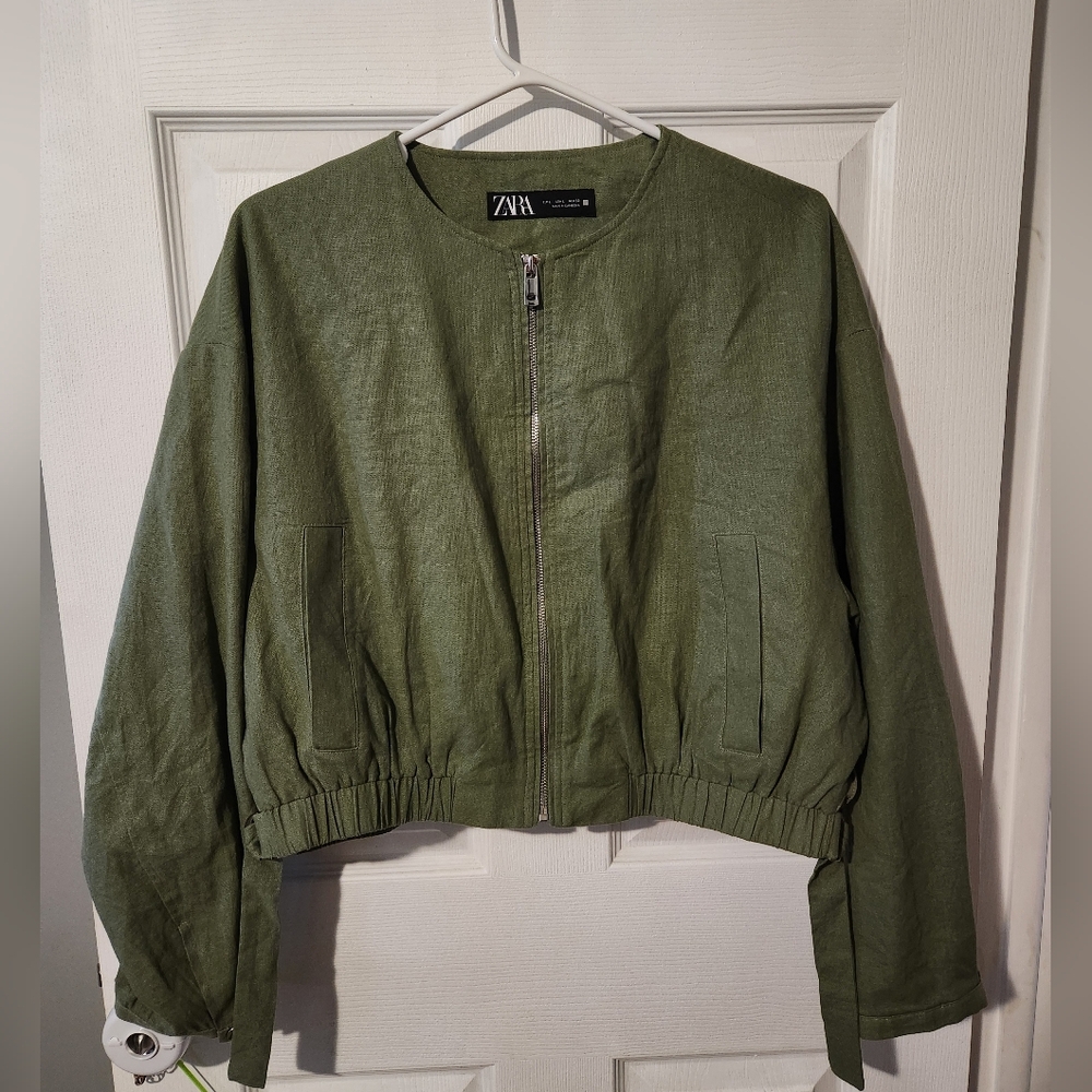 Zara Cropped Linen Blend Jacket Olive Green Womens Large Zip Pockets Fall